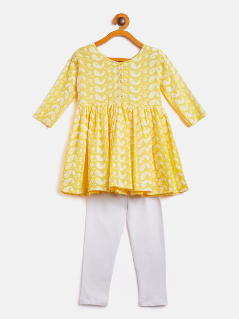 Vastramay SISHU Girl's Mustard Chikankari Kurta Leggings Set